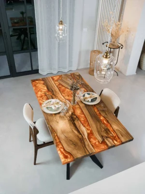 Solid walnut orange epoxy dining table Celine with premium walnut wood, vibrant orange epoxy resin, and matte black metal legs