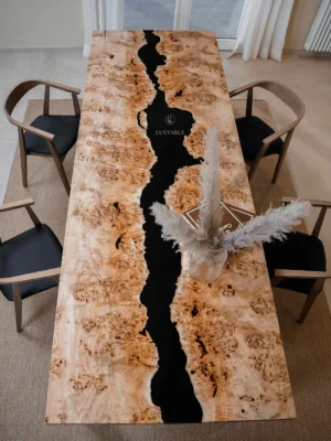 Luxury poplar resin dining table Nebulosa with solid poplar wood, matte black resin, and matte black metal frame