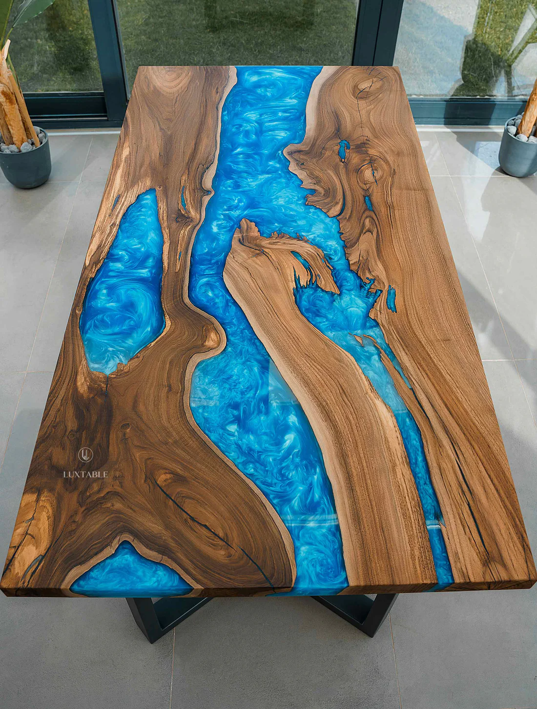 Luxury Walnut Blue Resin Dining Table – Wave - Image 2