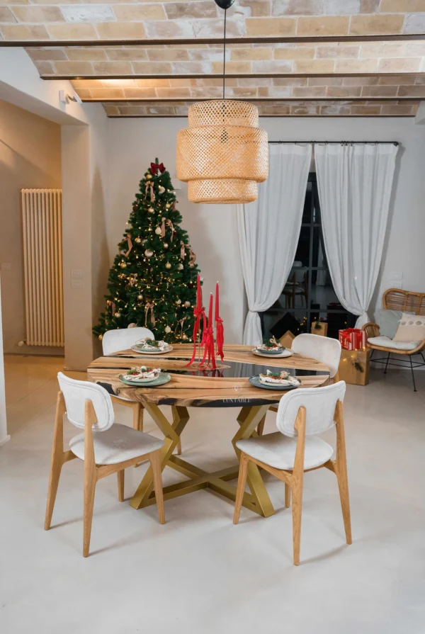 Round walnut epoxy resin dining table Majesty with European walnut wood, glossy semi-transparent smoke resin, and matte black metal base