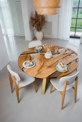 Round oak resin dining table Paris with solid oak wood, clear epoxy resin, and matte gold metal legs