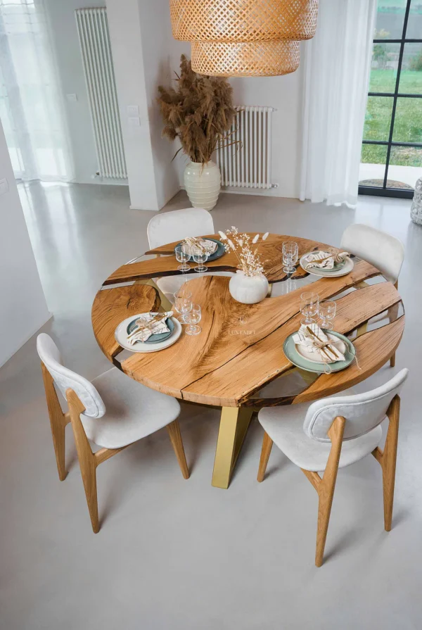 Round oak resin dining table Paris with solid oak wood, clear epoxy resin, and matte gold metal legs