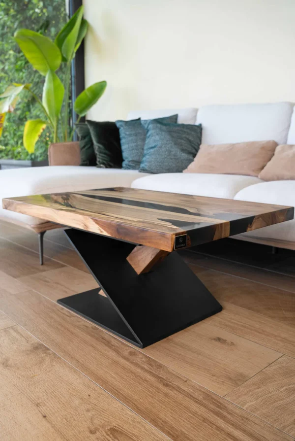 Walnut smoke epoxy coffee table Orion with solid European walnut, matte smoke gray resin, and asymmetrical geometric black metal base