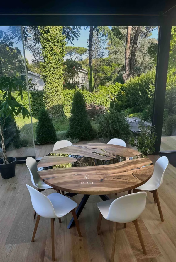 Round walnut epoxy dining table Brooke with European walnut wood, glossy smoke gray transparent resin, and matte black metal base