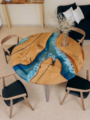 Luxury oak resin dining table Amaranta with solid oak, blue and white sea-wave epoxy resin, and matte anthracite central metal base